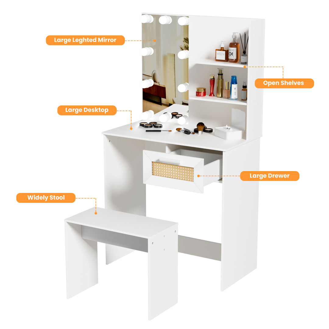 Vanity Desk Set Stool & Dressing Table with LED Lighting Mirror Drawer and Compartments Modern Wood Cosmetic Table Chest of Drawers White Color