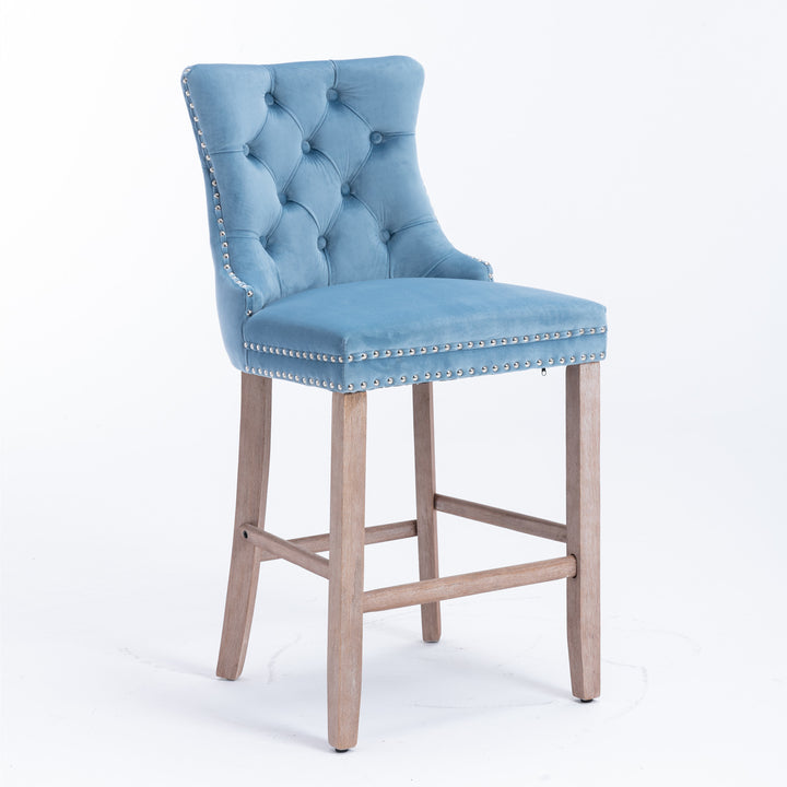 Contemporary Velvet Upholstered Barstools with Button Tufted Decoration and Wooden Legs, and Chrome Nailhead Trim, Leisure Style Bar Chairs,Bar stools, Set of 2 (Light Blue), 1902LB