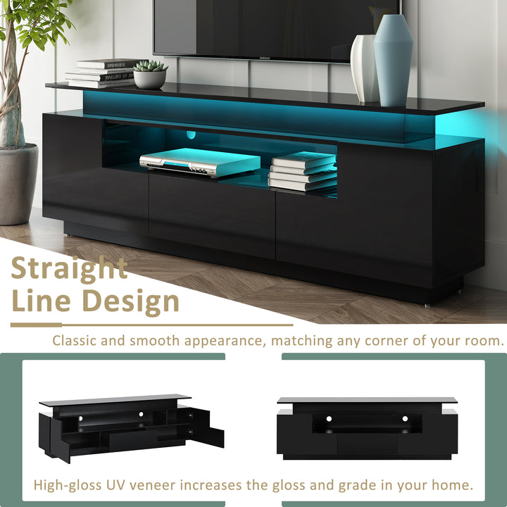 ON-TREND Modern, Stylish Functional TV stand with Color Changing LED Lights, Universal Entertainment Center, High Gloss TV Cabinet for 75+ inch TV, Black