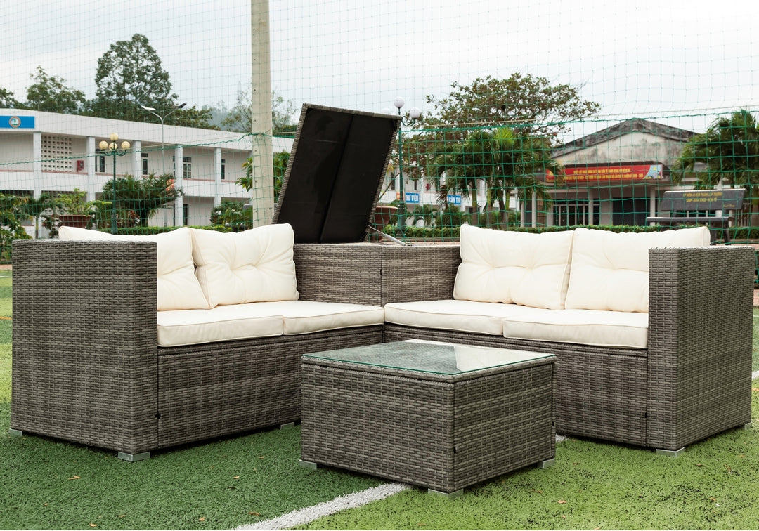 4 Piece Patio Sectional Wicker Rattan Outdoor Furniture Sofa Set with Storage Box - Creme