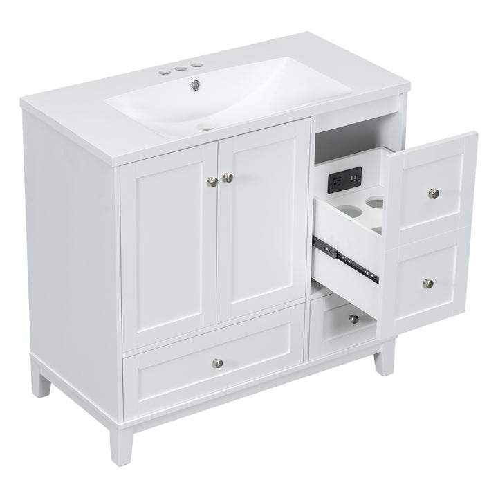 36 Inch Modern Bathroom Vanity with USB Charging, Two Doors and Three Drawers Bathroom Storage Vanity Cabinet, Small Bathroom Vanity cabinet with single sink , White & Gray Blue - Faucets Not Included