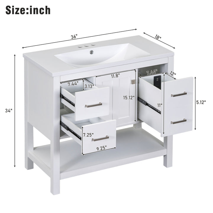 36" White Modern Bathroom Vanity with USB,Two Shallow Drawers, One Deep Drawer,One door,Single Resin Sink,Small Bathroom Organization Cabinet