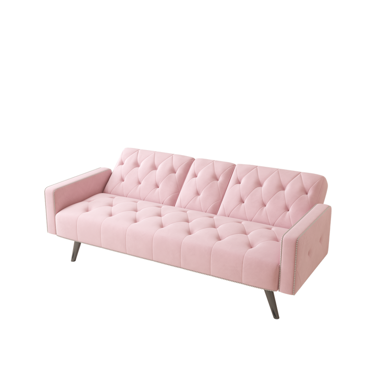 1730 Sofa Bed Armrest with Nail Head Trim with Two Cup Holders 72" Pink Velvet Sofa for Small Spaces