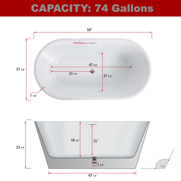 Acrylic Freestanding Soaking Bathtub with Chrome Overflow and Drain in Black, cUPC Certified - 59*31.1 22A02-60B