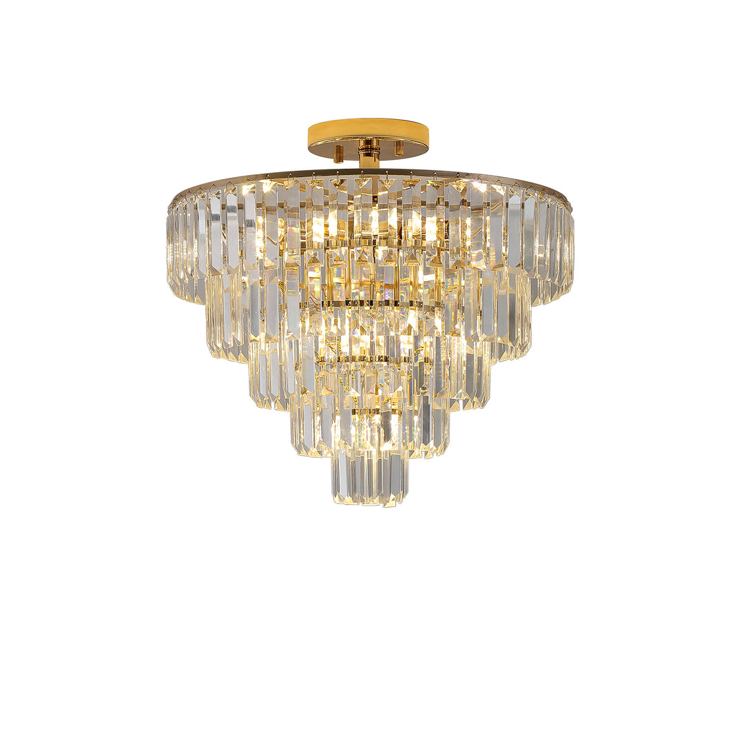 Gold Crystal Chandeliers,5-Tier Round Semi Flush Mount Chandelier Light Fixture,Large Contemporary Luxury Ceiling Lighting for Living Room Dining Room Bedroom Hallway