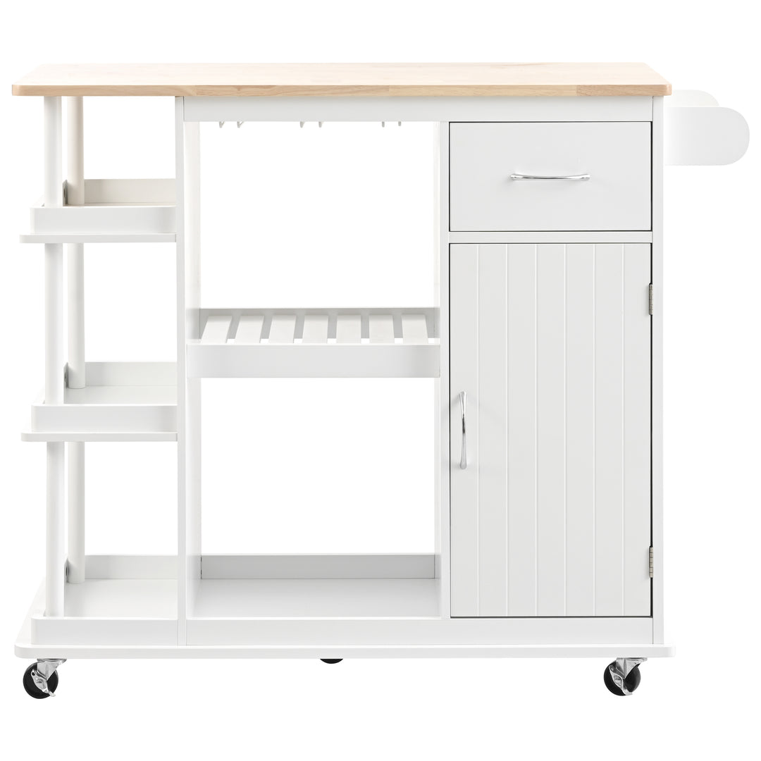 Multipurpose Kitchen Cart Cabinet with Side Storage Shelves,Rubber Wood Top, Adjustable Storage Shelves, 5 Wheels, Kitchen Storage Island with Wine Rack for Dining Room, Home,Bar,White