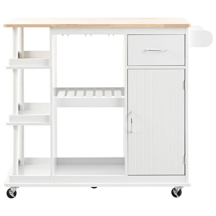 Multipurpose Kitchen Cart Cabinet with Side Storage Shelves,Rubber Wood Top, Adjustable Storage Shelves, 5 Wheels, Kitchen Storage Island with Wine Rack for Dining Room, Home,Bar,White