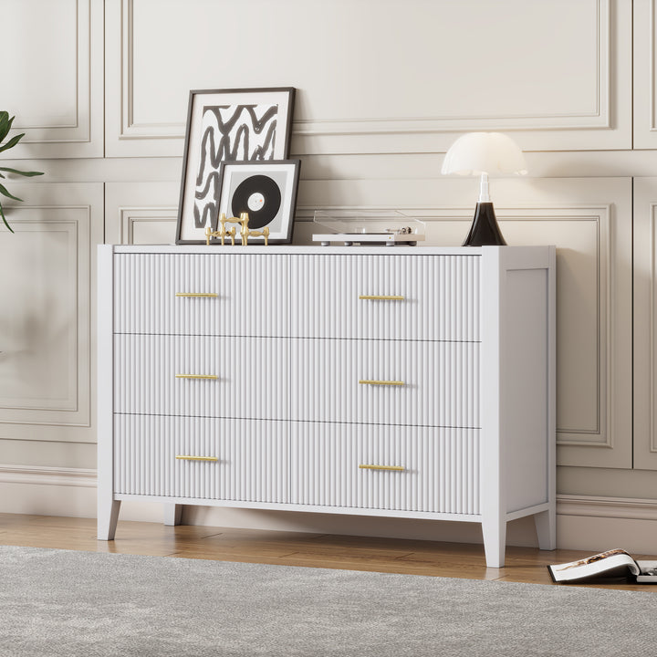 6 Drawer Dresser with Metal Handle for Bedroom, Storage Cabinet with Vertical Stripe Finish Drawer, White(Passed ASTM F2057-23 Test)