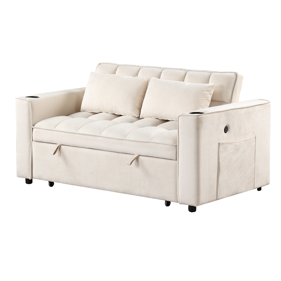 55.3" 4-1 Multi-functional Sofa Bed with Cup Holder and USB Port for Living Room or Apartments Milky White