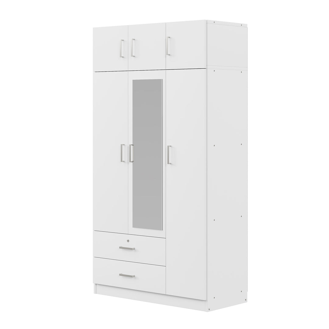 3-Door Mirror  Wardrobe with 2 Drawers and Top Cabinet,White