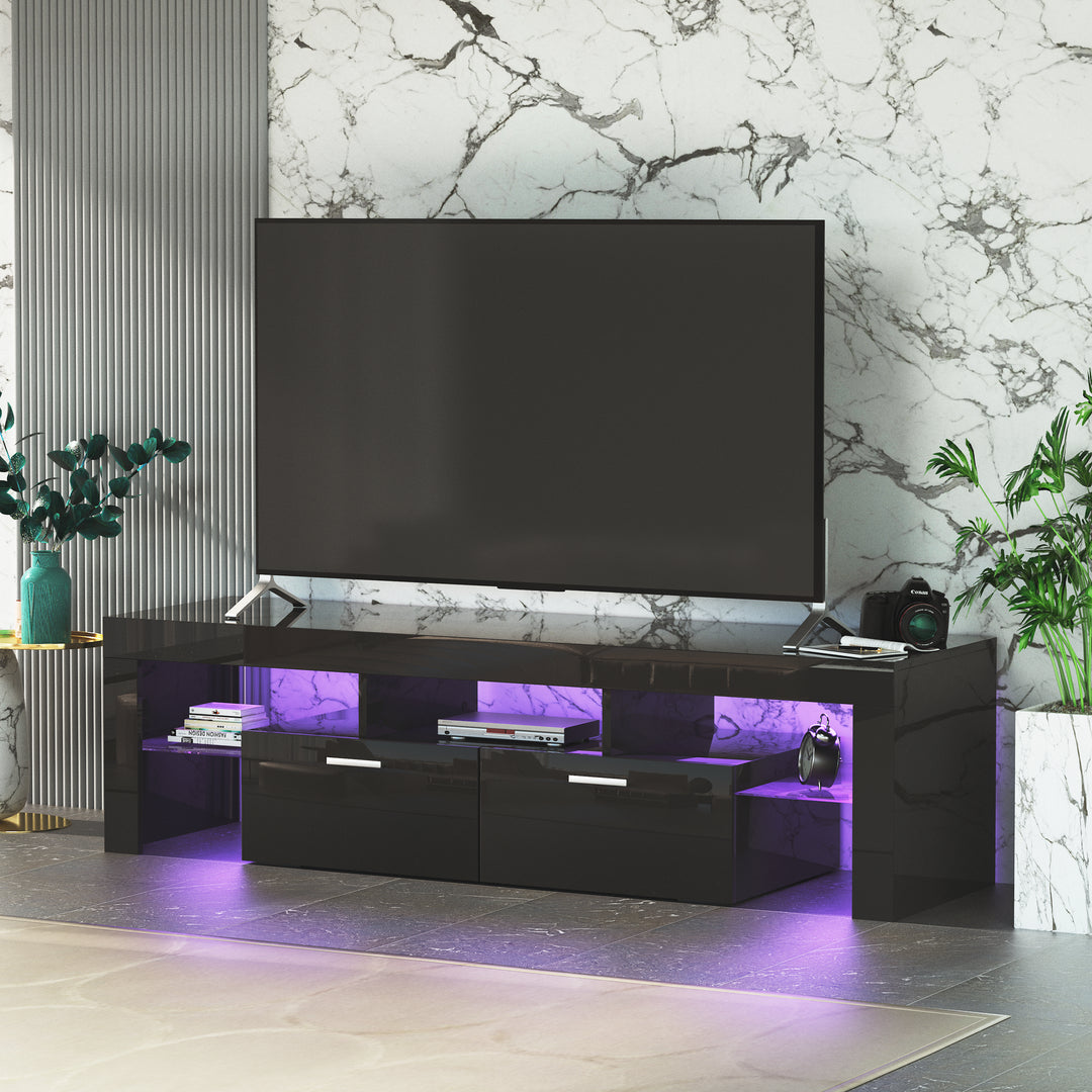 FashionTVstandTVcabinet,EntertainmentCenter,TVstationTV console,media console,with LEDlight belt,light belt remote control,toughenedglassshelf,metal handle,Canbeplaced in the living room,bedroom,black