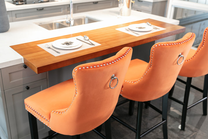 A&A Furniture,Contemporary Velvet Upholstered Barstools with Button Tufted Decoration and Wooden Legs, and Chrome Nailhead Trim, Leisure Style Bar Chairs,Bar stools, Set of 2 (Orange)