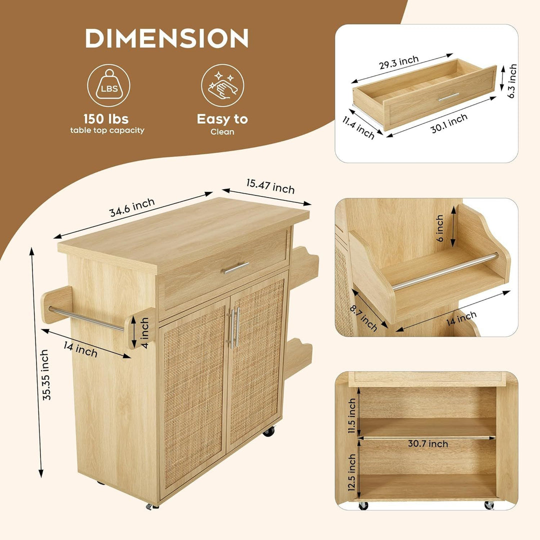 Kitchen Island Cart on Wheels, 25.6" Wooden Top Rolling Kitchen Island with Drawer, Spice Rack Towel Bar, 2 Door Cabinets