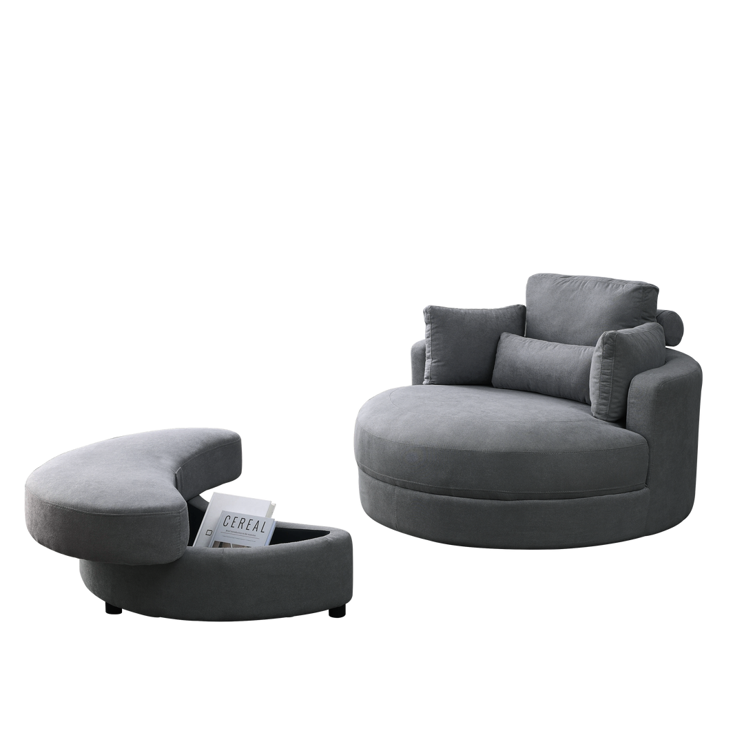 [Video] Welike Swivel Accent Barrel Modern Dark Grey Sofa Lounge Club Big Round Chair with Storage Ottoman Linen Fabric for Living Room Hotel with Pillows