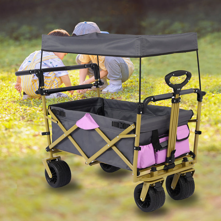 Collapsible Folding Wagon with Removable Canopy, Heavy Duty Foldable Wagon Utility Cart for Garden, Camping, Grocery Cart, Beach Wagon Cart with Wheels and Rear Storage, Camouflage