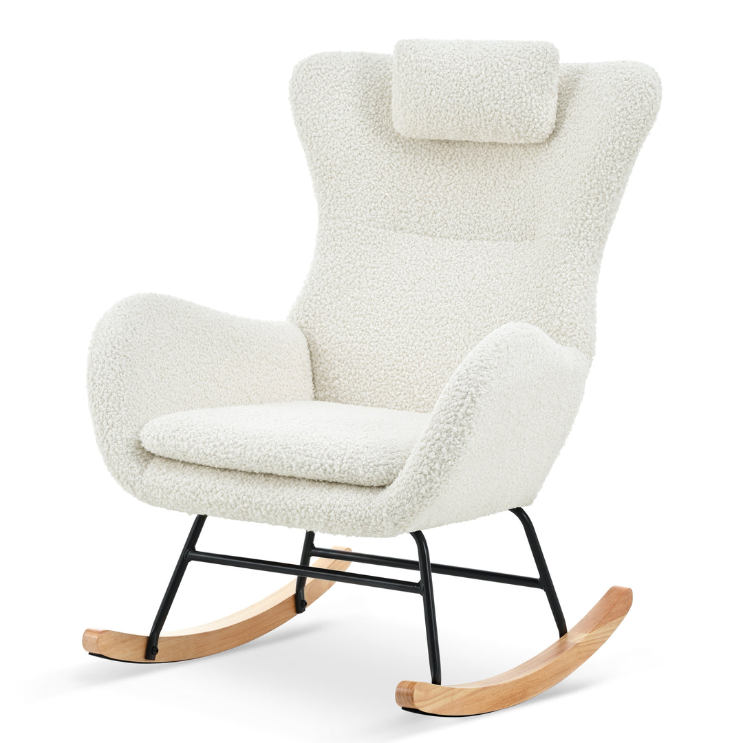 Rocking Chair Nursery, Teddy Upholstered Rocker Glider Chair with High Backrest, Adjustable Headrest & Pocket, Comfy Glider Chair for Nursery, Bedroom, Living Room, Offices, Rubber wood, white