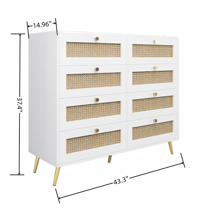 White Color 8 Drawers Chest of Drawers with Rattan Drawer Face Golden Legs and Handles