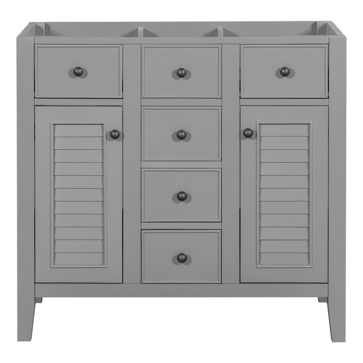 36" Bathroom Vanity without Sink, Cabinet Base Only, Two Cabinets and Five Drawers, Solid Wood Frame, Grey