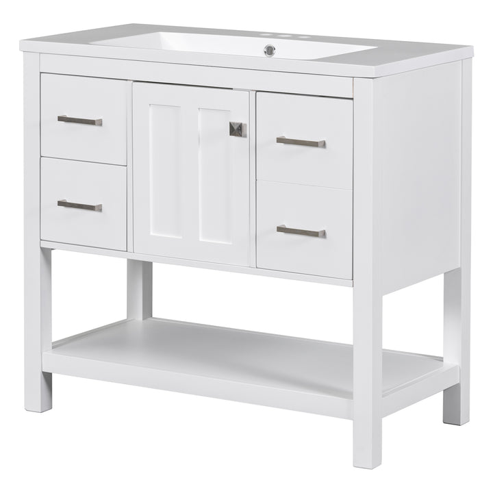 36" White Modern Bathroom Vanity with USB,Two Shallow Drawers, One Deep Drawer,One door,Single Resin Sink,Small Bathroom Organization Cabinet