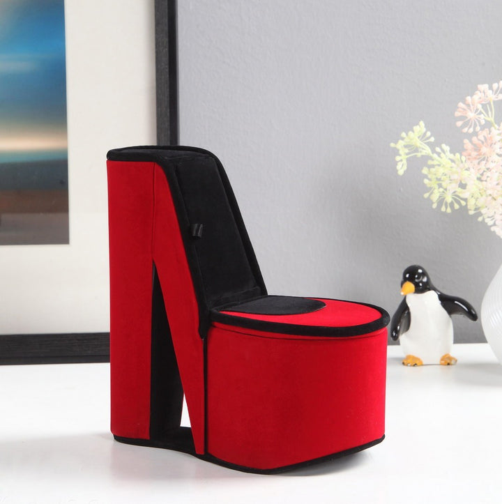 9" Tall Display Jewelry Box with Hidden Storage, High Heel Shoe Design, Red Velvet