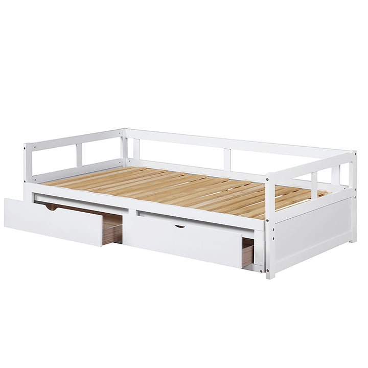 Wooden Daybed with Trundle Bed and Two Storage Drawers , Extendable Bed Daybed,Sofa Bed for Bedroom Living Room,White