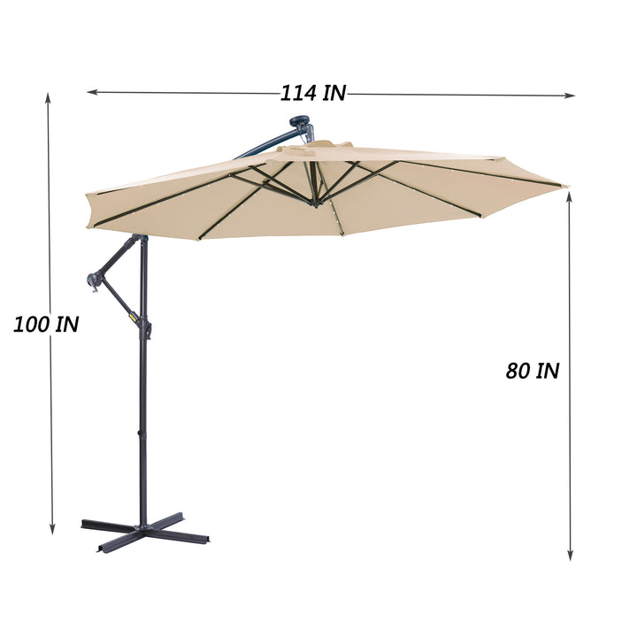 10 FT Solar LED Patio Outdoor Umbrella Hanging Cantilever Umbrella Offset Umbrella Easy Open Adustment with 32 LED Lights - tan