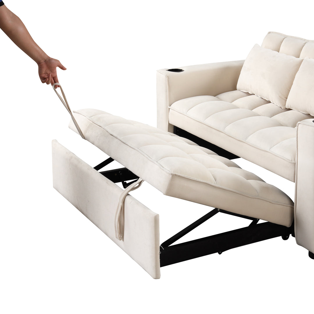 55.3" 4-1 Multi-functional Sofa Bed with Cup Holder and USB Port for Living Room or Apartments Milky White