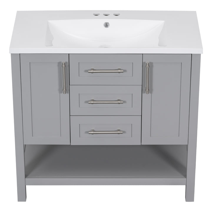 36-Inch Grey Bathroom Vanity with Solid Wood Frame and MDF, Resin Basin, 2 Drawers, 2 Cabinet Doors, 2 Adjustable Shelvesdoor,Single Resin Sink,Small Bathroom Organization Cabinet