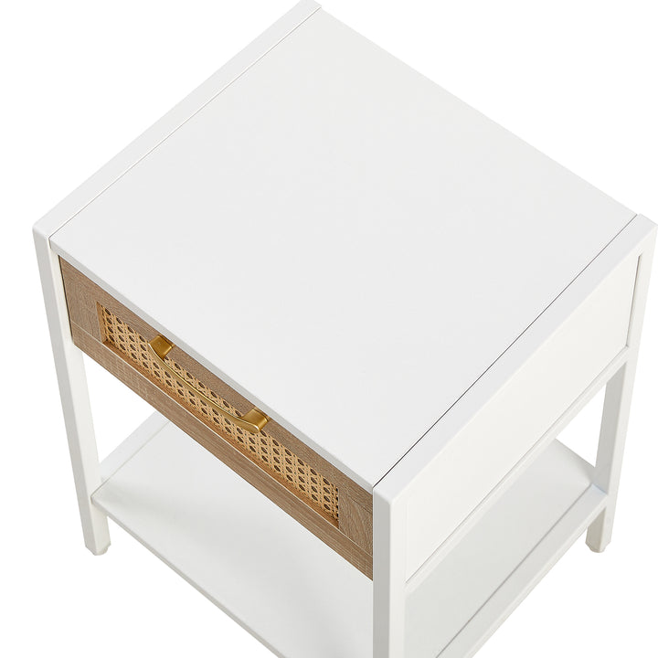 Set of 2, 15.74" Rattan End table with  drawer, Modern nightstand, metal legs,side table for living room, bedroom,white