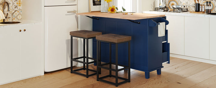 TOPMAX Farmhouse Kitchen Island Set with Drop Leaf and 2 Seatings,Dining Table Set with Storage Cabinet, Drawers and Towel Rack, Blue+Black+Brown