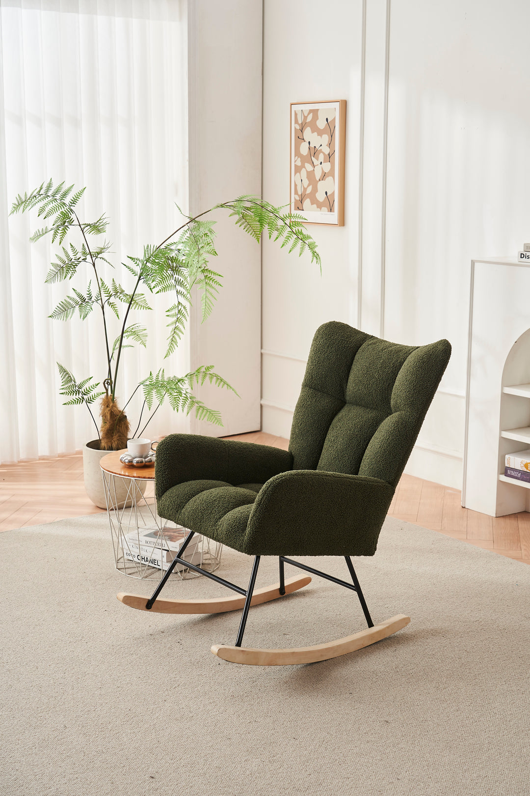 Rocking Chair Nursery, Solid Wood Legs Reading Chair with Teddy Fabric Upholstered , Nap Armchair for Living Rooms, Bedrooms, Offices, Best Gift,Green Teddy fabric