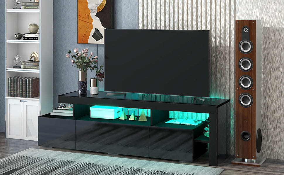 ON-TREND Modern Style 16-colored LED Lights TV Cabinet,  UV High Gloss Surface Entertainment Center with DVD Shelf,  Up to 70 inch TV, Black