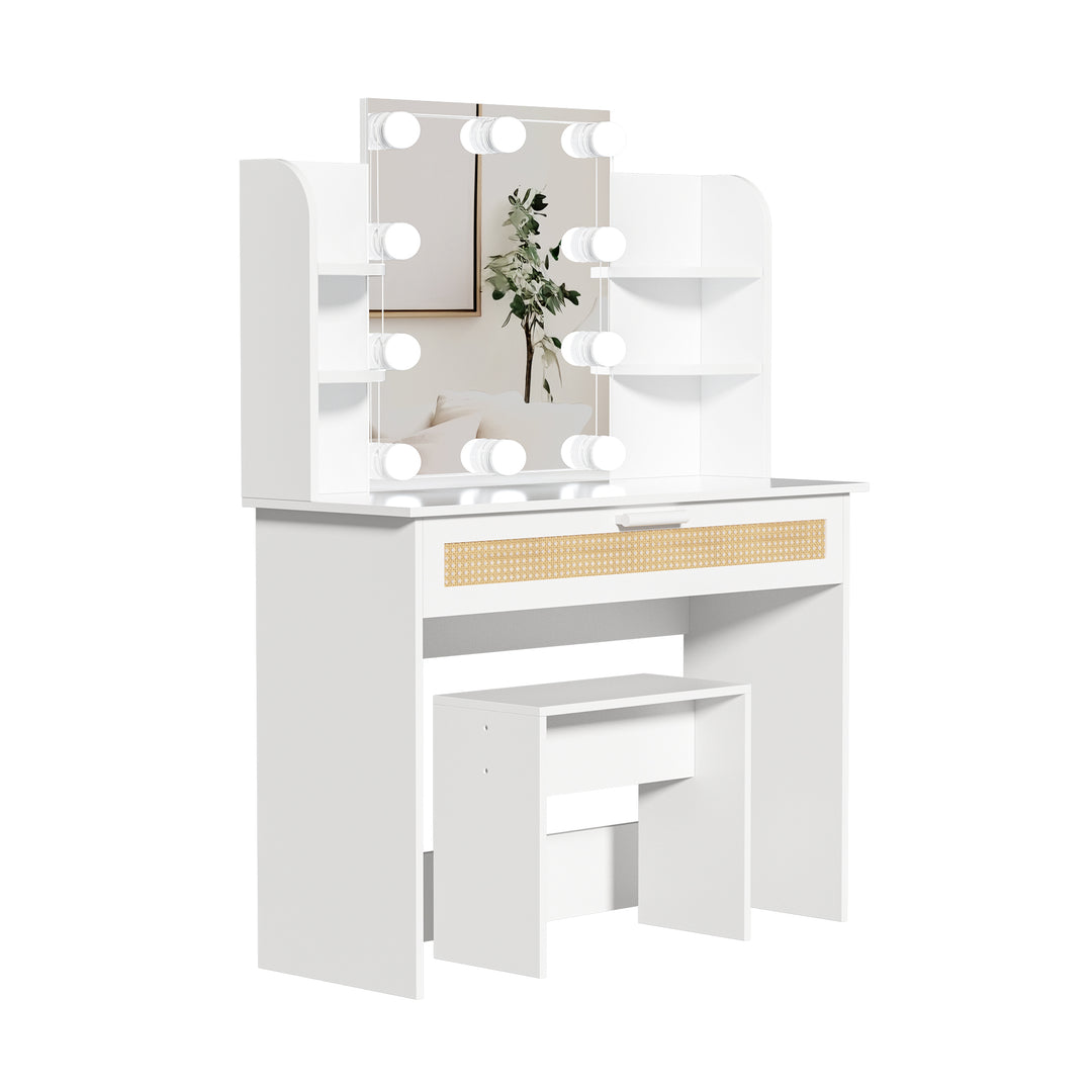 Vanity Desk Set Stool & Dressing Table with LED Lighting Mirror Drawer and Compartments Modern Wood Cosmetic Table Chest of Drawers White Color