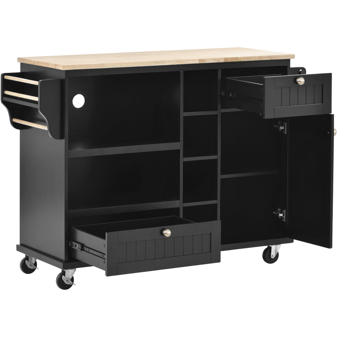 Kitchen Island Cart with Storage Cabinet and Two Locking Wheels,Solid wood desktop,Microwave cabinet,Floor Standing Buffet Server Sideboard for Kitchen Room,Dining Room,, Bathroom(Black)