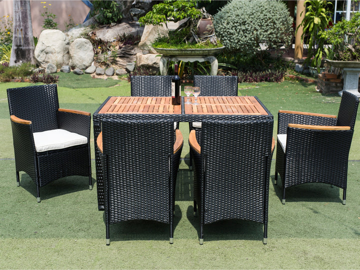 EELIFEE 7 piece Outdoor Patio Wicker Dining Set Patio Wicker Furniture Dining Set w/Acacia Wood Top