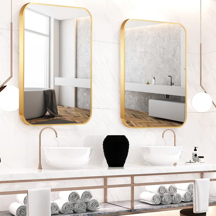 32 x 24 Inch Gold Bathroom Mirror for Wall Vanity Mirror with Non-Rusting Aluminum Alloy Metal Frame Rounded Corner for Modern Farmhouse Home Decor