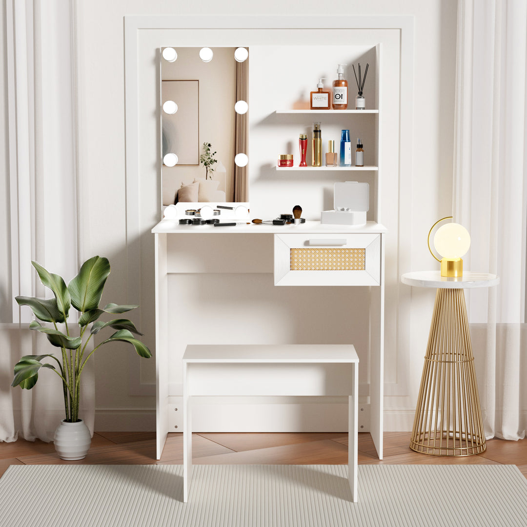 Vanity Desk Set Stool & Dressing Table with LED Lighting Mirror Drawer and Compartments Modern Wood Cosmetic Table Chest of Drawers White Color