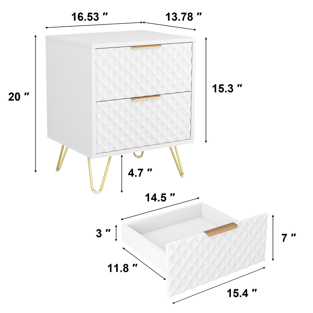 White Nightstand Set of 2, End Side Table Double, Bedside Table with 2 Drawers, Dual Night Stand Metal Legs for Bedroom Living Room