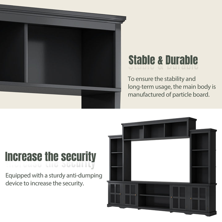 [VIDEO provided] ON-TREND Minimalism Entertainment Wall Unit with Bridge, Modern TV Console Table for TVs Up to 70", Multifunctional TV Stand with Tempered Glass Door, Black (Old SKU: SD000009AAB)