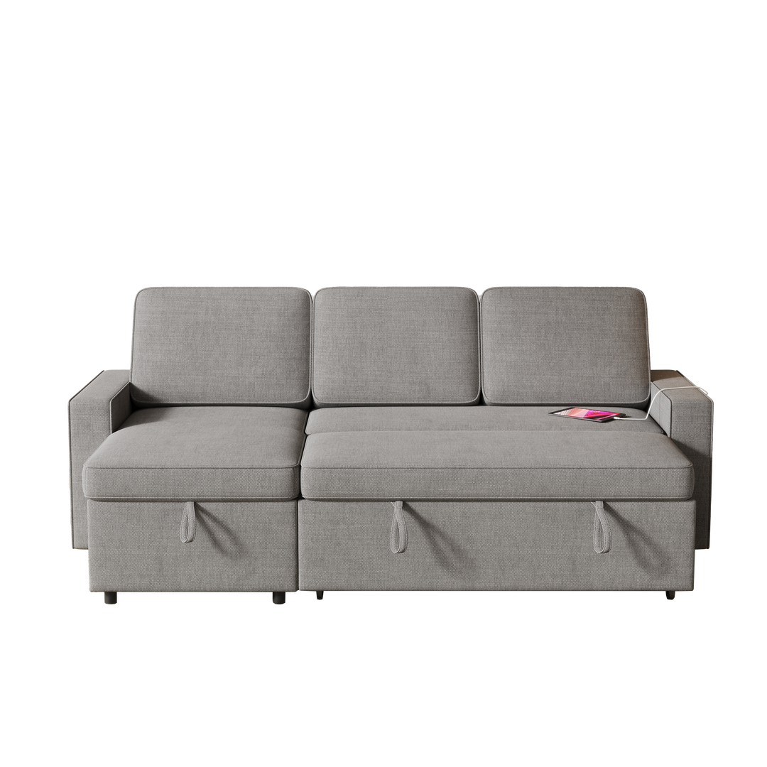 85.8" Pull Out Sleeper Sofa L-Shaped Couch Convertible Sofa Bed with Storage Chaise And Storage Racks,With USB Port And T-pyce Port