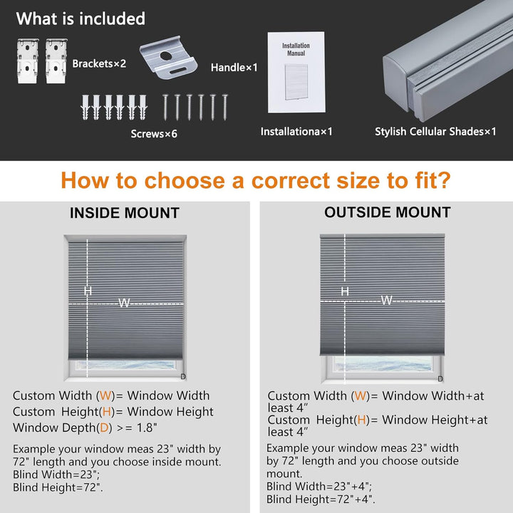 Cordless Cellular Window  Shades, Honeycomb Blinds for Windows Light Filtering Window Shades Custom Size Acceptable