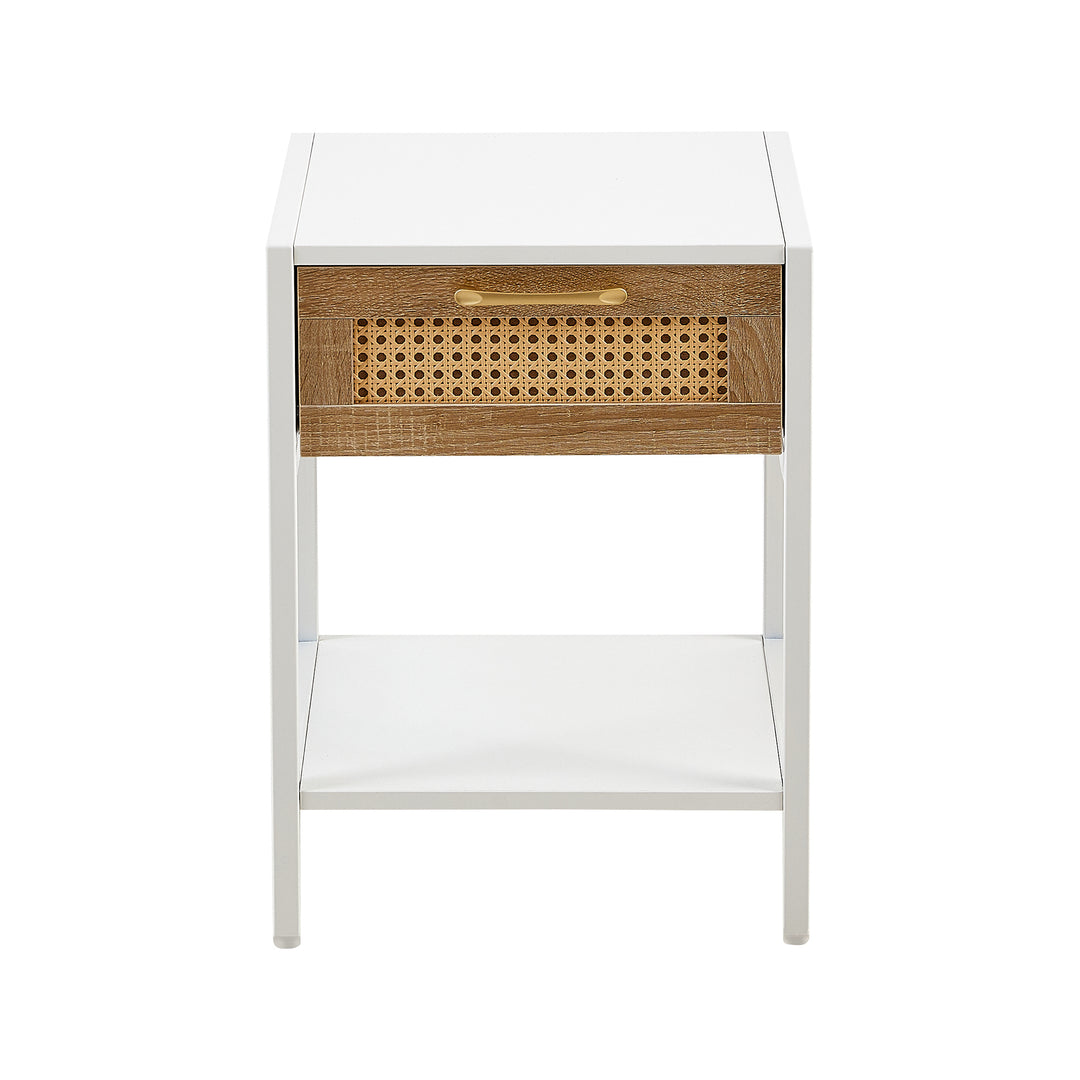 Set of 2, 15.74" Rattan End table with  drawer, Modern nightstand, metal legs,side table for living room, bedroom,white