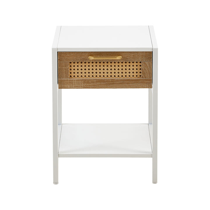 Set of 2, 15.74" Rattan End table with  drawer, Modern nightstand, metal legs,side table for living room, bedroom,white