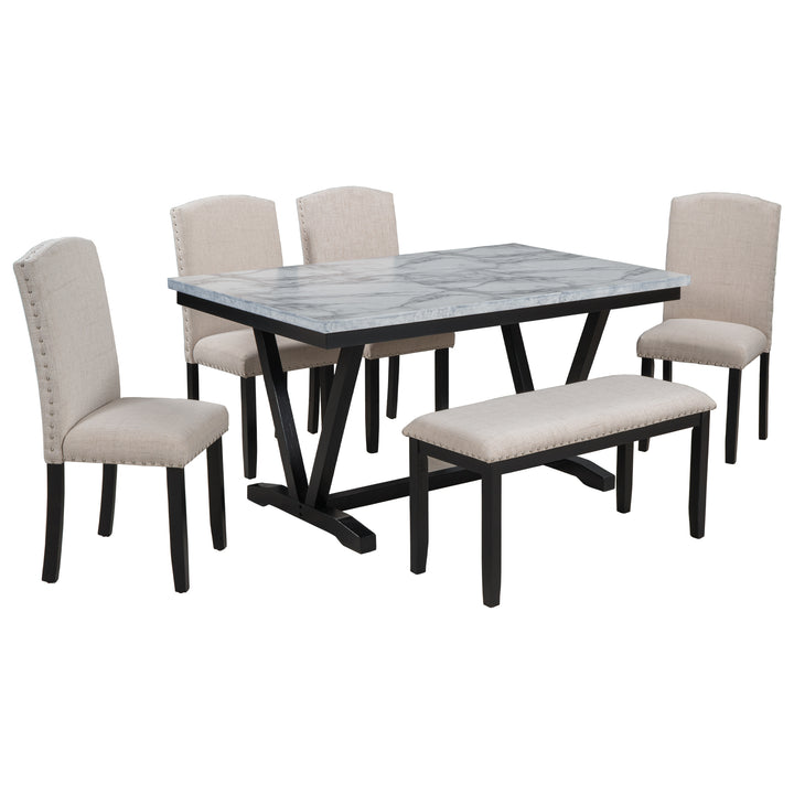 TREXM Modern Style 6-piece Dining Table with 4 Chairs & 1 Bench, Table with Marbled Veneers Tabletop and V-shaped Table Legs (White)