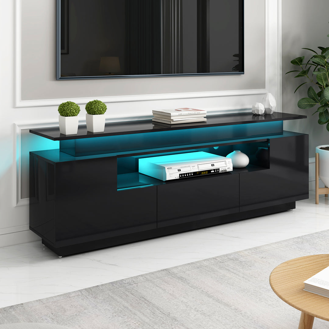 ON-TREND Modern, Stylish Functional TV stand with Color Changing LED Lights, Universal Entertainment Center, High Gloss TV Cabinet for 75+ inch TV, Black