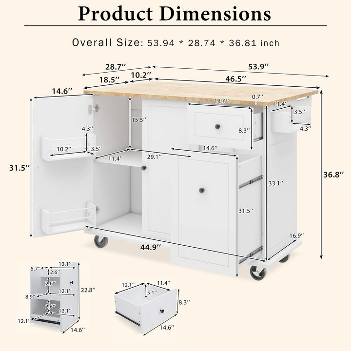 Kitchen Island with Drop Leaf, 53.9" Width Rolling Kitchen Cart on Wheels with Internal Storage Rack and 3 Tier Pull Out Cabinet Organizer, Kitchen Storage Cart with Spice Rack, Towel Rack (White)