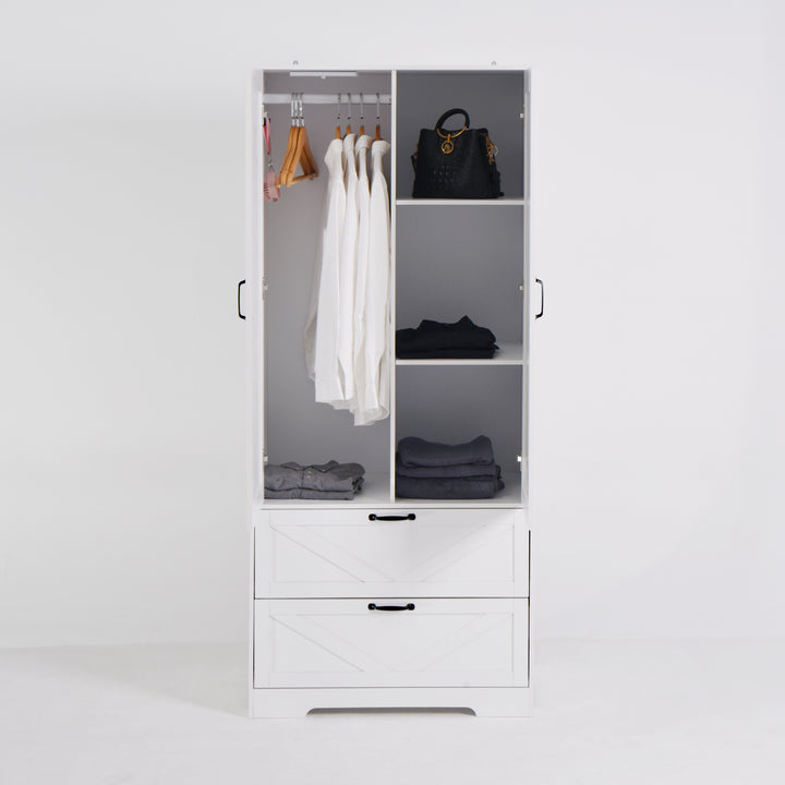 2 Door Wood Wardrobe for Bedroom with Hanging Clothing Rod inside the Cabinet and 2 Drawers for Storage Organization, Built-in induction light Multifunctional Closet with Mirror, White