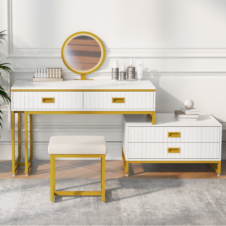 GO Modern Style Vanity Table With Movable Side Cabinet And 4-Drawers, Large Size Dressing Table With Mirror and 3-colors LED Light, Makeup Table With Stool, White, Golden Legs