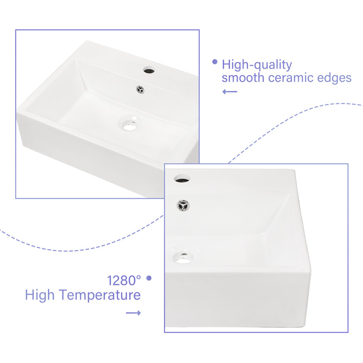 21"x16" White Ceramic Rectangular Wall Mounted Bathroom Sink with Faucet Hole and Overflow