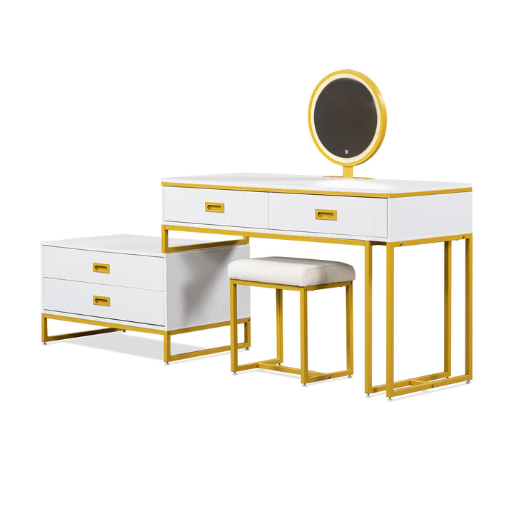 GO Modern Style Vanity Table With Movable Side Cabinet And 4-Drawers, Large Size Dressing Table With Mirror and 3-colors LED Light, Makeup Table With Stool, White, Golden Legs